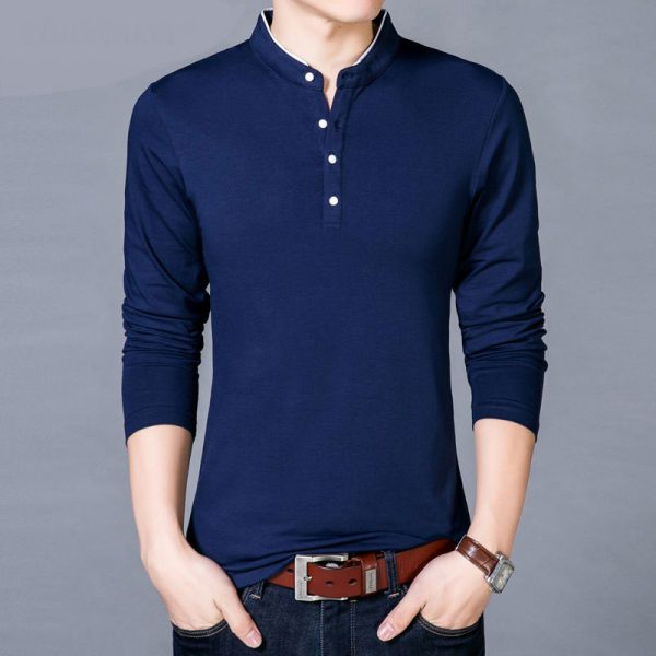 T-Shirt Men Spring Autumn New Cotton T Shirt Men Solid Color Chinese Style Mandarin Collar Long Sleeve Top Tee - Image 5