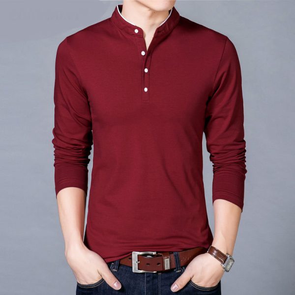 T-Shirt Men Spring Autumn New Cotton T Shirt Men Solid Color Chinese Style Mandarin Collar Long Sleeve Top Tee - Image 6