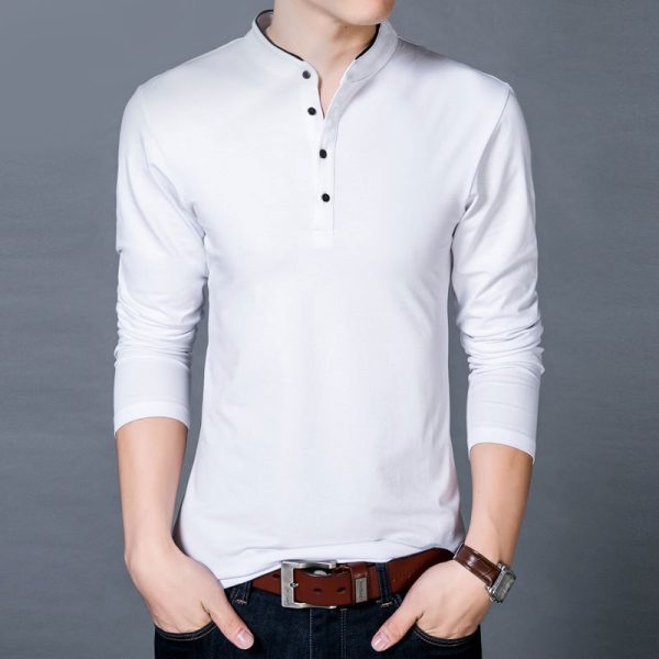 T-Shirt Men Spring Autumn New Cotton T Shirt Men Solid Color Chinese Style Mandarin Collar Long Sleeve Top Tee - Image 4