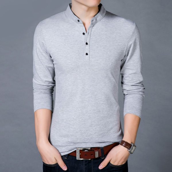 T-Shirt Men Spring Autumn New Cotton T Shirt Men Solid Color Chinese Style Mandarin Collar Long Sleeve Top Tee - Image 3